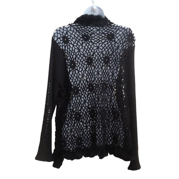 Ruby Cho Black Floral Knitted Faux Fur Sweater Sequin Open Front Romantic XL - Picture 2 of 16
